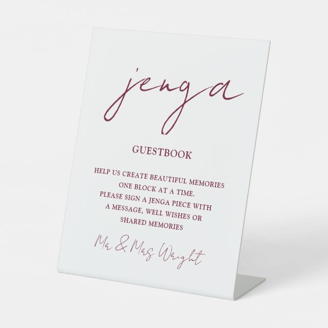 Jenga Guestbook Burgundy Minimalist Script Pedestal Sign (Front)