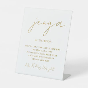 Jenga Guestbook Chic Gold Minimalist Script Pedestal Sign