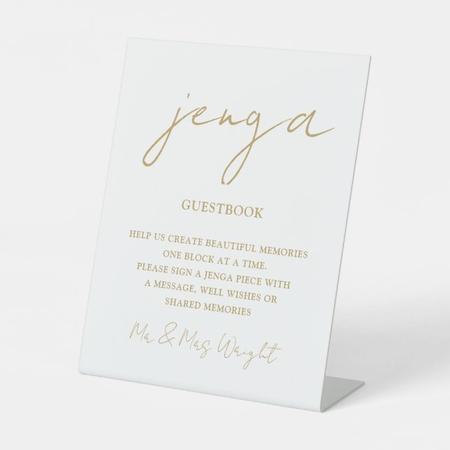 Jenga Guestbook Chic Gold Minimalist Script Pedestal Sign (Front)