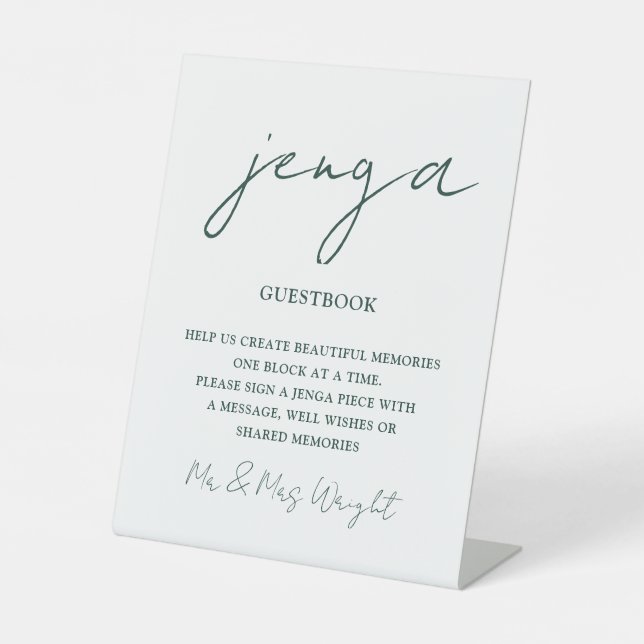 Jenga Guestbook Emerald Green Elegant Script Pedestal Sign (Front)