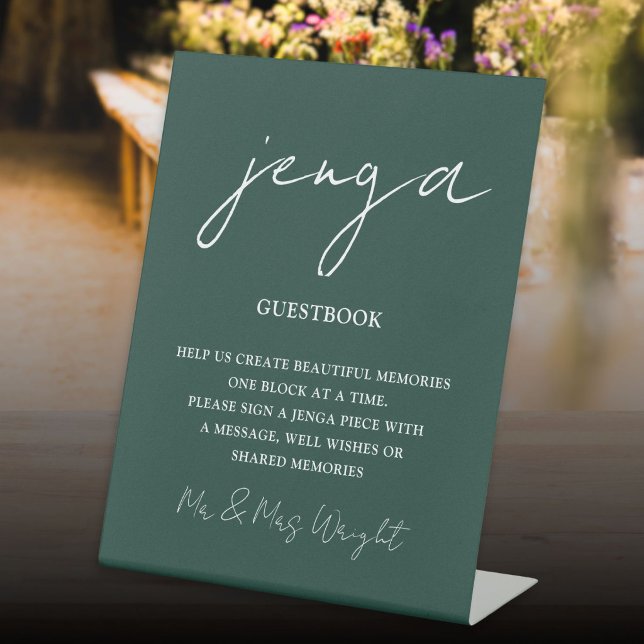 Jenga Guestbook Emerald Green Minimalist Script Pedestal Sign (Jenga Guestbook Emerald Green Minimalist Script Pedestal Sign)