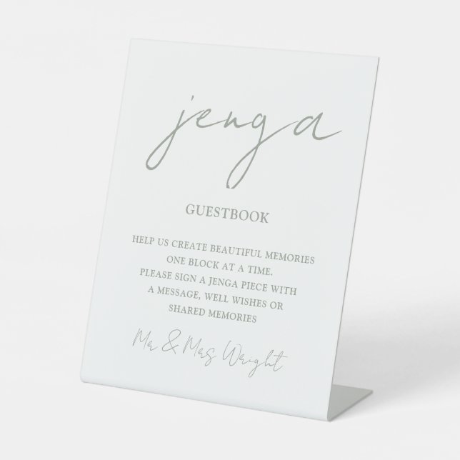 Jenga Guestbook Sage Green Minimalist Script Pedestal Sign (Front)