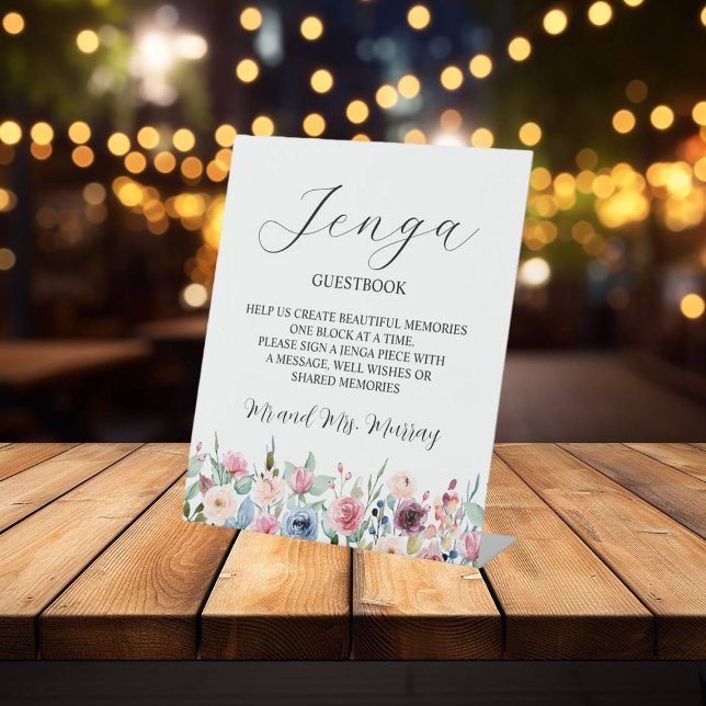 Jenga Wedding Guestbook Elegant Blush Roses Pedestal Sign (Creator Uploaded)