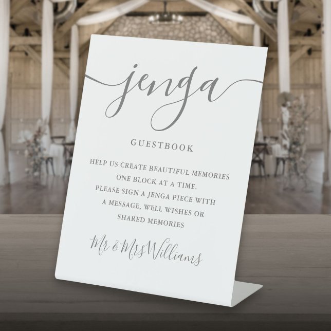 Jenga Wedding Guestbook Elegant Grey Script Pedestal Sign (Jenga Wedding Guestbook Elegant Gray Script Pedestal Sign)