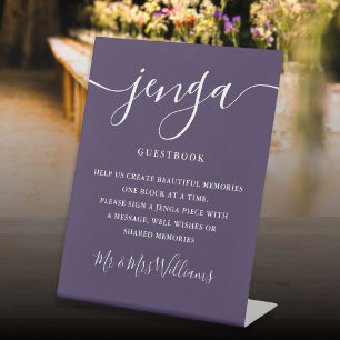 Jenga Wedding Guestbook Elegant Script Purple Pedestal Sign