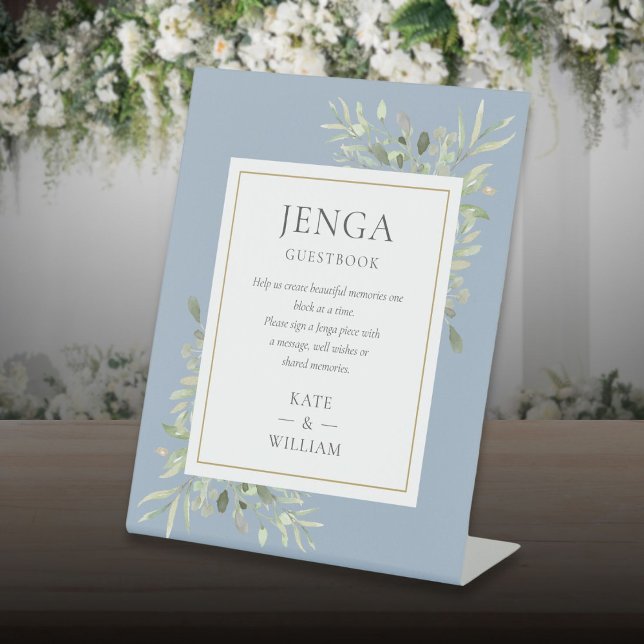 Jenga Wedding Guestbook Greenery Dusty Blue Pedestal Sign (Jenga Wedding Guestbook Greenery Dusty Blue Pedestal Sign)