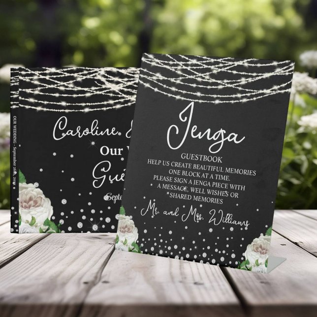 Jenga Wedding Guestbook String Lights Black  Pedestal Sign (Creator Uploaded)