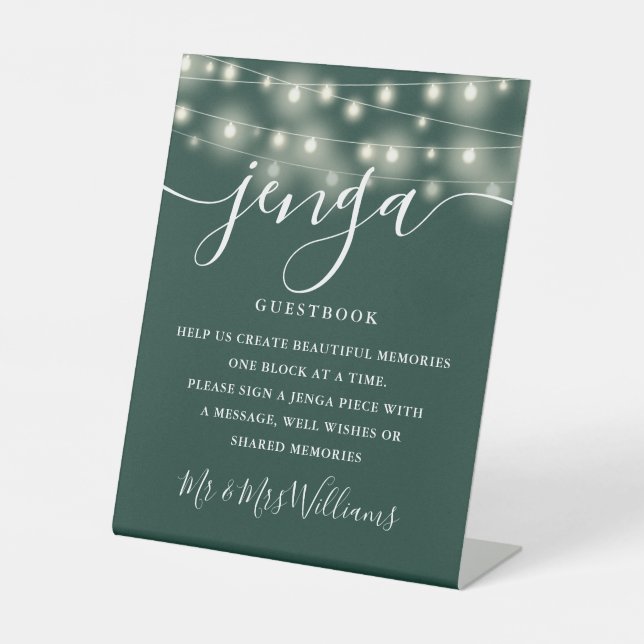 Jenga Wedding Guestbook String Lights Emerald Pedestal Sign (Front)
