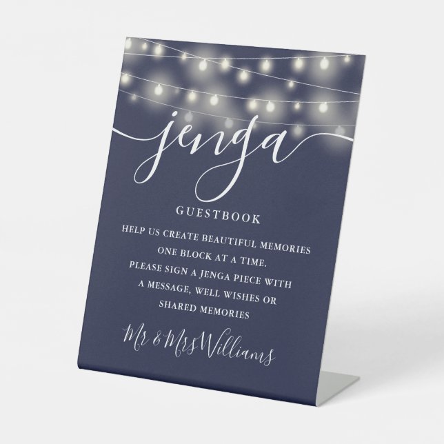 Jenga Wedding Guestbook String Lights Navy Blue Pedestal Sign (Front)