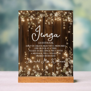 Jenga Wedding Guestbook String Lights Wood Acrylic Sign