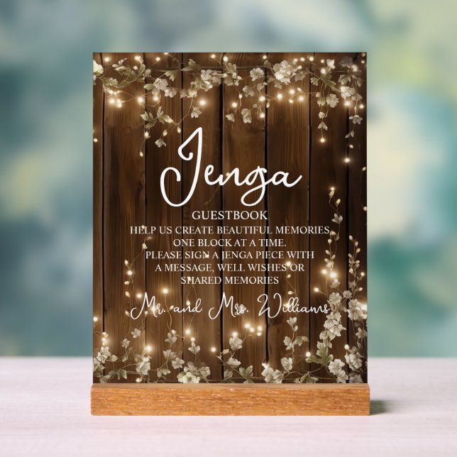 Jenga Wedding Guestbook String Lights Wood Acrylic Sign (Neutral)