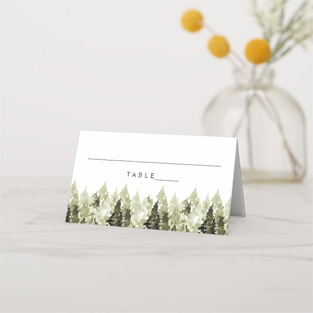 JENNA Rustic Watercolor Pines Tented Place Card (Front)