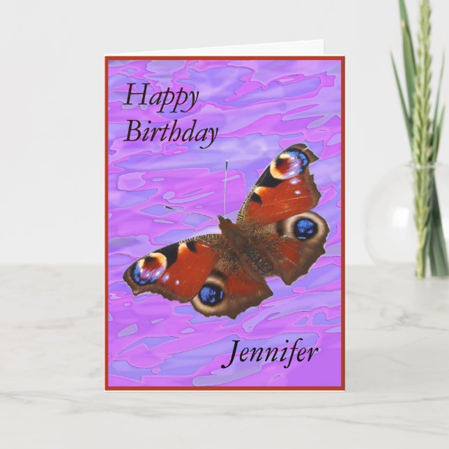 Jennifer Happy Birthday Peacock Butterfly card (Front)