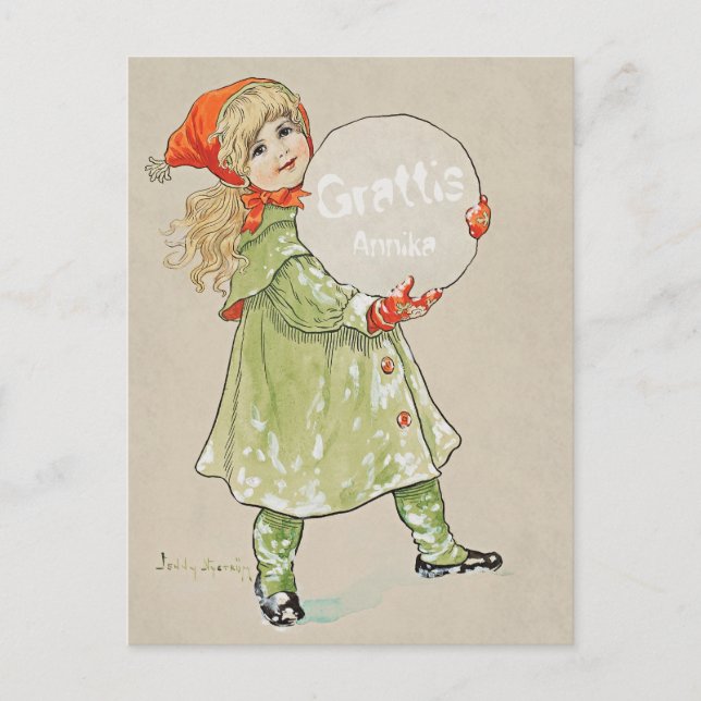 Jenny Nyström Flicka med snöboll CC0819 Grattis Postcard (Front)