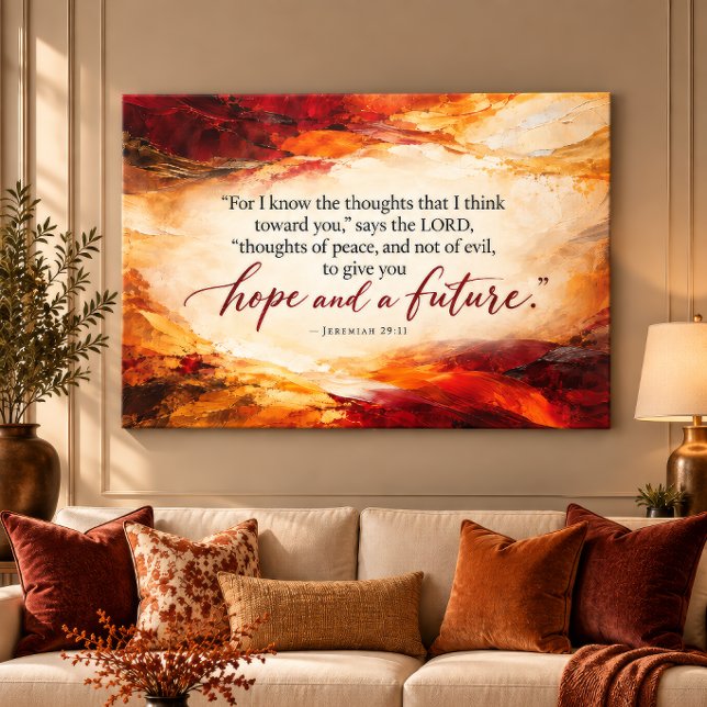 Jeremiah 29:11 Hope and a Future Autumn Scripture  Canvas Print (Premium 36" x 24" gallery wrapped canvas display in a warm, cozy autumn living room.)
