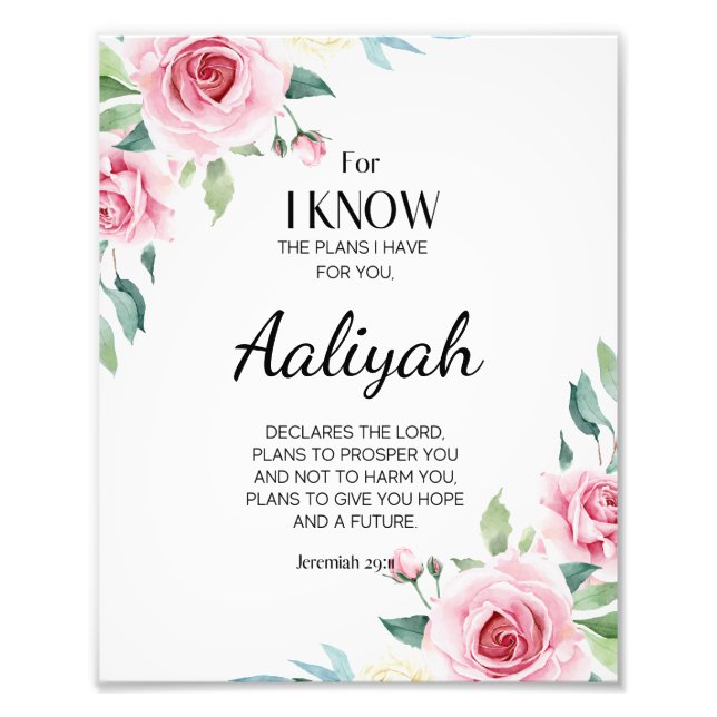 Jeremiah 29:11 Pink Rose Personalise Photo Print (Front)