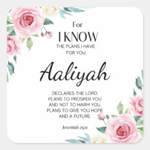 Jeremiah 29:11 Pink Rose Personalise Square Sticker