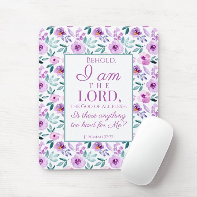 Jeremiah 32:27 with Purple Flowers Background Mouse Pad (With Mouse)