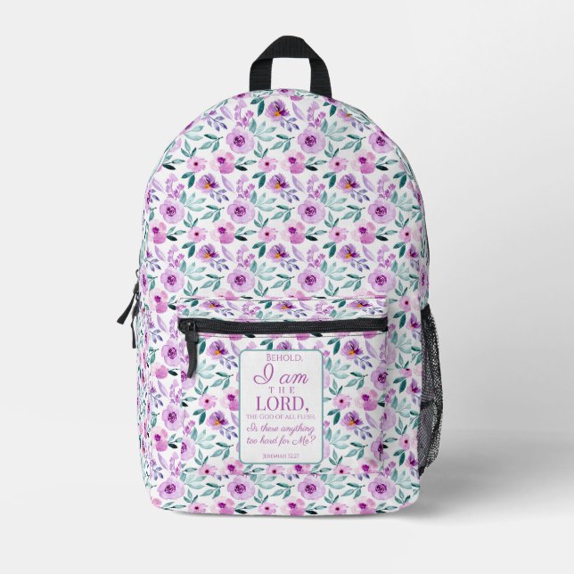 Jeremiah 32:27 with Purple Flowers Background Printed Backpack (Front)