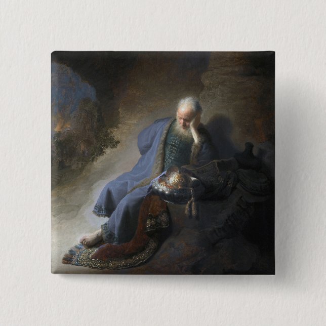 Jeremiah Lamenting on Fall of Jerusalem, Rembrandt 15 Cm Square Badge (Front)