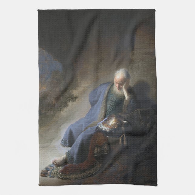 Jeremiah Lamenting on Fall of Jerusalem, Rembrandt Tea Towel (Vertical)