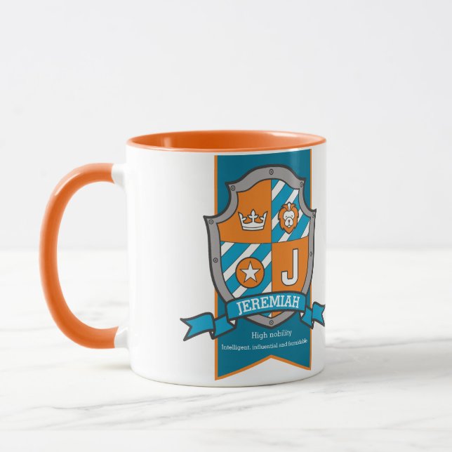 Jeremiah letter J crest orange name meaning mug (Left)