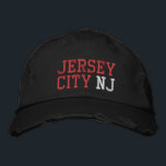 JERSEY CITY NJ Red White on Black Vintage Style Embroidered Hat<br><div class="desc">JERSEY CITY NJ Red and White embroidery on Black distressed vintage style cotton hat. Embroidery is customisable to other colour choices by selecting the "Edit Design" tool button. Also available is the option to select choice of hat colour on the main item page.</div>