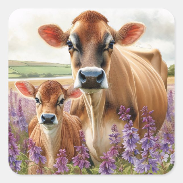 Jersey Cow and Calf Wildflower Square Sticker (Front)