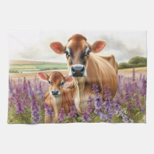 Jersey Cow and Calf Wildflower Tea Towel