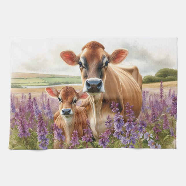 Jersey Cow and Calf Wildflower Tea Towel (Horizontal)