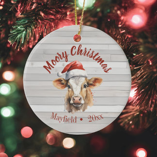 Jersey Cow, Barn Wood, "Moory Christmas"  Ceramic Tree Decoration