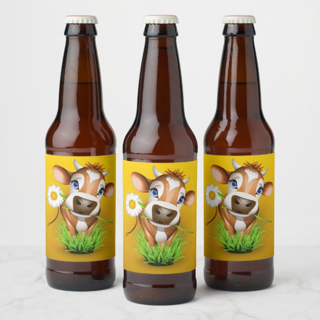 Jersey cow in grass over yellow beer bottle label (Bottles)