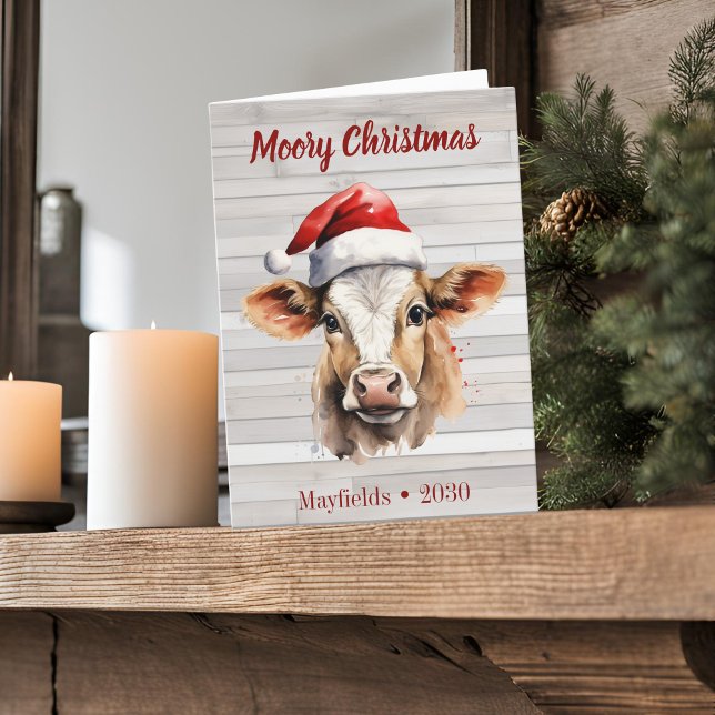 Jersey Cow "Moory Christmas" Folded Holiday Card (Moory Christmas jersey cow folded card barn wood background)