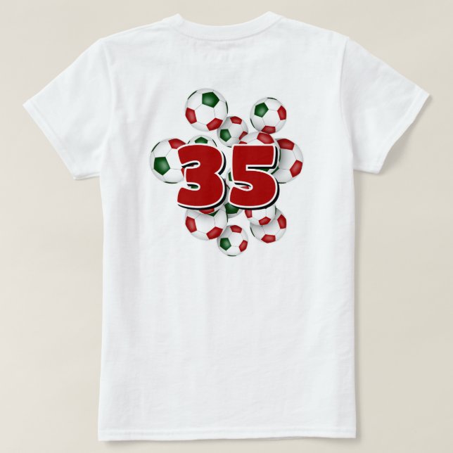 jersey number on group of red green soccer balls T-Shirt (Design Back)