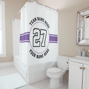 Jersey number, team and player name purple sports shower curtain