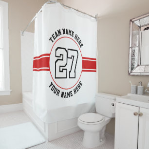 Jersey number, team and player name red sports shower curtain