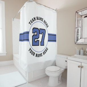Jersey number, team, player name blue black sports shower curtain