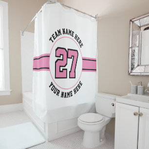 Jersey number, team, player name pink black sports shower curtain