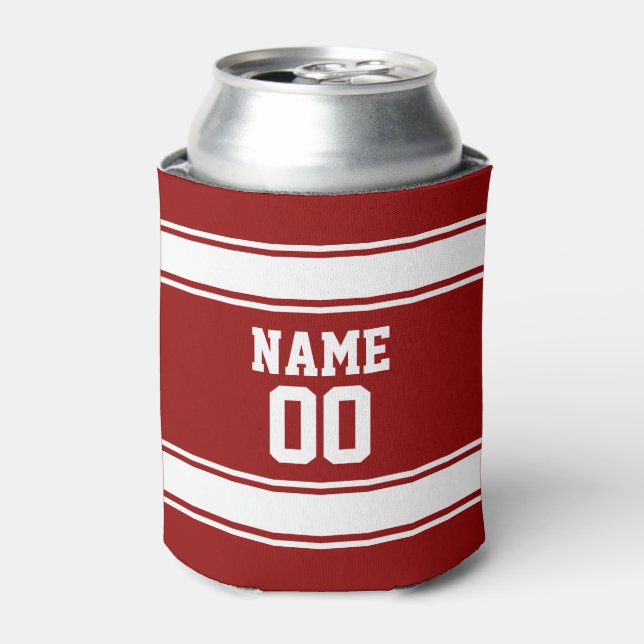 Jersey Style Custom Name and Number Maroon Can Cooler (Can Front)