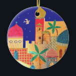 Jerusalem City Colourful Art Ceramic Tree Decoration<br><div class="desc">jerusalem, "old city", islam, islamic, jewish, judaism, jew, jews, israel, colourful, multicolor, bright, muslim, domes, dome, architecture, buildings, city, town, birds, night, doves, peace, shalom, "middle east", "middle eastern", arabian, arab, arabic, gold, ancient, religious, religion, rock, judaica, judaic, mosque, biblical, bible, cityscape, landscape, art, artistic, collage, israeli, yerushalayim, temple, mount,...</div>