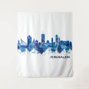 Jerusalem Israel Skyline Blue Tapestry