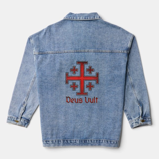 Jerusalem Knight Templar Crusader Cross Deus Vult Denim Jacket (Back)