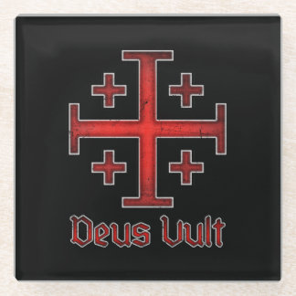 Jerusalem Knight Templar Crusader Cross Deus Vult Glass Coaster