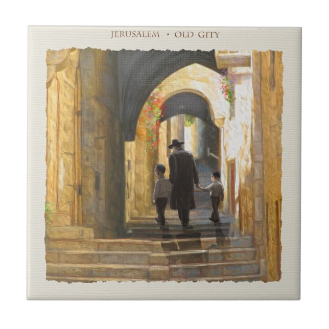 Jerusalem Old City Israel Painting Jewish Holiday Tile (Front)