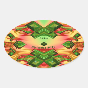 JESSA ~ CHRISTMAS 2025 Green Red Yellow Fractal ~  Oval Sticker