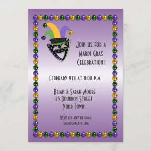 Jester, Beads, Mardi Gras Party Invitation