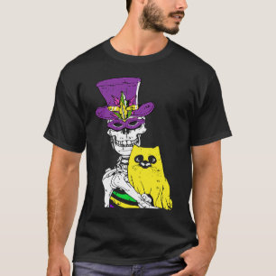 Jester Hat Skeleton Cat Mardi Gras Bones Carnival  T-Shirt