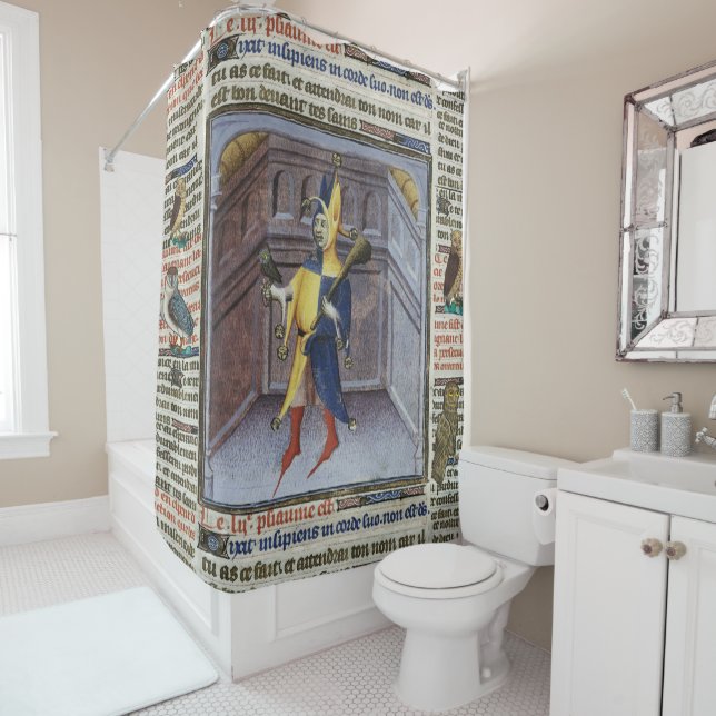 JESTER HOLDING OWL MEDIEVAL MANUSCRIPT SHOWER CURTAIN (In Situ)