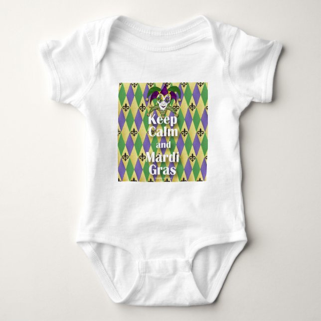 Jester Mask Keep Calm and Mardi Gras Baby Bodysuit (Front)
