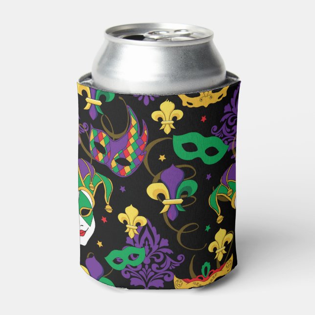 Jester Mask Mardi Gras Pattern Can Cooler (Can Front)